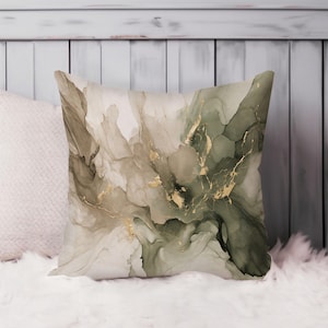 Abstract Throw Pillow Soft Cushion Cover Soft Taupe Beige Sage Green & Gold Marble Geode Modern Square Decorative Accent Pillowcase Gift