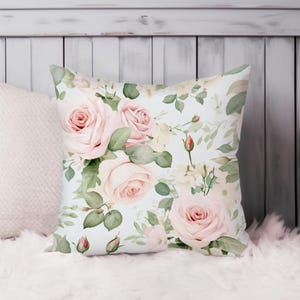 Floral Throw Pillow Soft Cushion Cover &#39;Shabby Chic Flower Dreams&#39; Roses Shabby Chic Square Decorative Accent Pillowcase Gift, Pink, Green