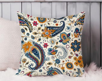 Paisley Throw Pillow Soft Cushion Cover 'Bohemian Paisleys XII' Patterns Bohemian Square Decorative Accent Pillowcase Gift, Blue, Orange