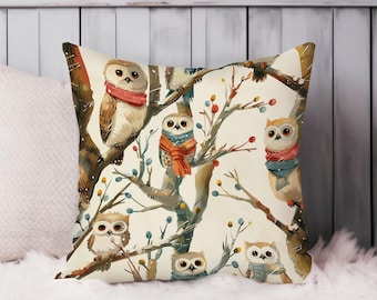Owls Throw Pillow Soft Cushion Cover Owl Pattern Animals Cottage Square Decorative Accent Pillowcase Gift, Brown, Beige
