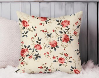 Floral Throw Pillow Soft Cushion Cover Shabby Chic Flowers Square Decorative Accent Pillowcase Gift Beige, Red