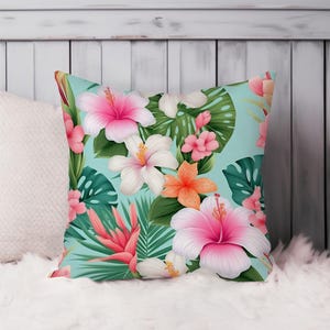 Hibiscus Floral Throw Pillow Soft Cushion Cover Flowers Pattern Hawaiian Tropical Square Decorative Accent Pillowcase Gift, Pink, Green