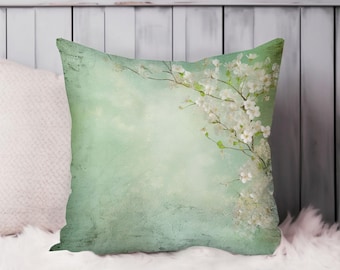 Asian Floral Throw Pillow Soft Cushion Cover Zen Asian Inspired Green Blossoms Square Decorative Accent Pillowcase Gift, Green, White