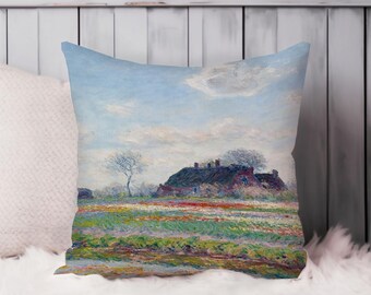 Claude Monet Throw Pillow Soft Cushion Cover Tulip Fields at Sassenheim Forest Meadow Square Decorative Accent Pillowcase Gift Blue, Green