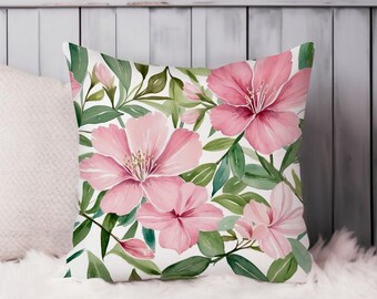 Floral Throw Pillow Soft Cushion Cover 'Pink Spring Flowers V' Florals Cottage Square Decorative Accent Pillowcase Gift, Pink, Green