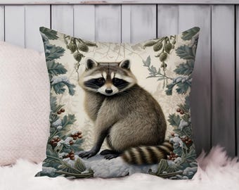 Raccoon Throw Pillow Soft Cushion Cover Racoon William Morris Style Cottage Square Decorative Accent Pillowcase Gift, Green, Gray