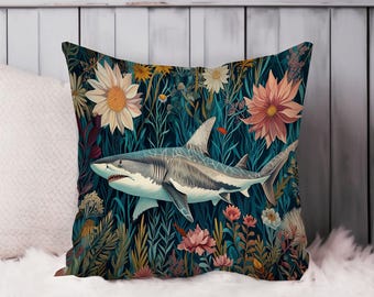 Boho Shark William Morris Throw Pillow Soft Cushion Cover Marine Animals Coastal Square Decorative Accent Pillowcase Gift, Blue, Green