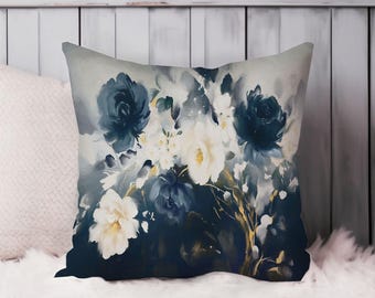 Floral Throw Pillow Soft Cushion Cover 'Floral Bouquet' Florals Modern Square Decorative Accent Pillowcase Gift, Blue, Gray