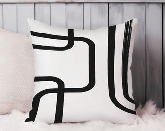 Abstract Throw Pillow Soft Cushion Cover 'Abstract Lines' Shapes Mid-Century Modern Square Decorative Accent Pillowcase Gift, Black, White