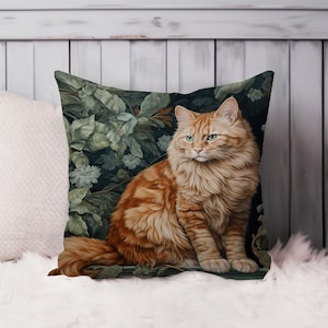 Coussin décoratif en forme de chat William Morris, housse de coussin douce, chat orange, cottage carré, taie d'oreiller décorative, cadeau orange vert