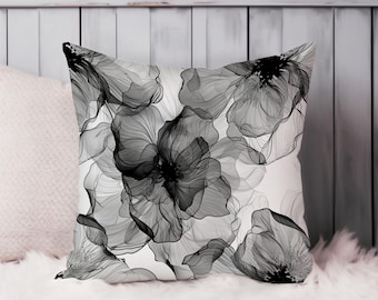 Black & White Floral Throw Pillow Soft Cushion Cover Modern Flowers Square Decorative Accent Pillowcase Gift, Black, White