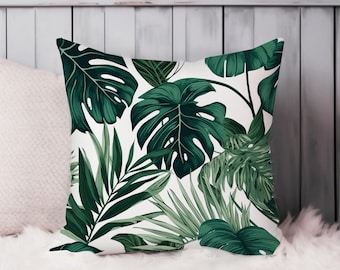 Monstera & Palm Leaves Botanical Throw Pillow Soft Cushion Cover Tropical Leaf Square Decorative Accent Pillowcase Gift, Green, White