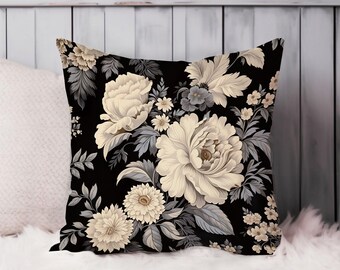 Floral Throw Pillow Soft Cushion Cover Luxe Floral Pattern Flowers I Florals Cottage Square Decorative Accent Pillowcase Gift, Black, Beige