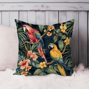 Parrots Throw Pillow Soft Cushion Cover &#39;Botanical Plants Parrots&#39; Tropical Animals Square Decorative Accent Pillowcase Gift, Red, Green