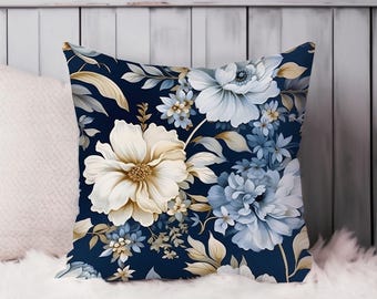 Floral Throw Pillow Soft Cushion Cover Flowers Classic Square Decorative Accent Pillowcase Gift, Blue, Beige