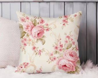 Shabby Chic Floral Throw Pillow Soft Cushion Cover &#39;Rose Flowers II&#39; Cottage Flowers Square Decorative Pillowcase Gift, Pink, Green
