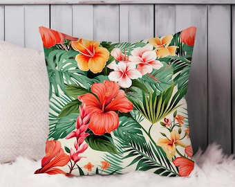 Tropical Floral Throw Pillow Soft Cushion Cover Hibiscus Flower Pattern Hawaiian Square Decorative Accent Pillowcase Gift, Green, Red