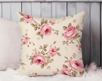 Floral Throw Pillow Soft Cushion Cover Shabby Chic Flower Dreams Square Decorative Accent Pillowcase Gift, Beige, Pink