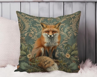 May include: Square decorative pillow featuring a detailed illustration of a fox with orange and white fur, set against a teal damask pattern background. The pillow has a soft, fluffy texture and is placed on a white surface.