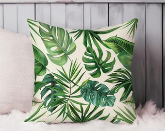 Monstera & Palm Leaves Botanical Throw Pillow Soft Cushion Cover Tropical Leaf Square Decorative Accent Pillowcase Gift, Green, Beige