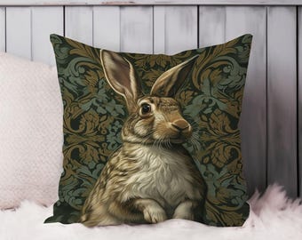 Rabbit William Morris Throw Pillow Soft Cushion Cover Animals Rabbit Bunny Cottage Square Decorative Accent Pillowcase Gift Green Beige