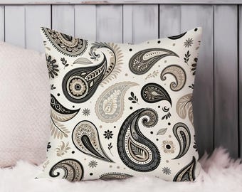 Paisley Throw Pillow Soft Cushion Cover Beige Paisley Pattern Abstract Bohemian Square Decorative Accent Pillowcase Gift Beige Black