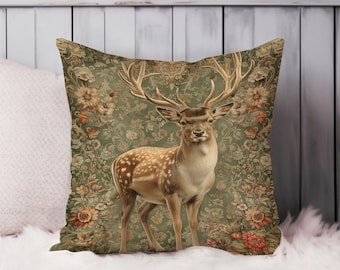 Deer William Morris Throw Pillow Soft Cushion Cover Cottage Square Animals Decorative Accent Pillowcase Gift, Brown, Green