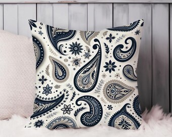Paisley Throw Pillow Soft Cushion Cover 'Paisley Pattern II' Patterns Bohemian Square Decorative Accent Pillowcase Gift, Blue, Beige
