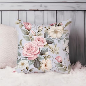 Shabby Chic Floral Throw Pillow Soft Cushion Cover Flowers Square Decorative Accent Pillowcase Gift, Pink, Green