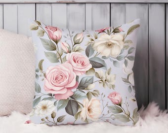 Shabby Chic Floral Throw Pillow Soft Cushion Cover Flowers Square Decorative Accent Pillowcase Gift, Pink, Green