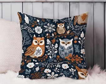 Owls Scandinavian Throw Pillow Soft Cushion Cover 'Owl Garden' Scandinavian Animals Square Decorative Accent Pillowcase Gift, Blue, Brown