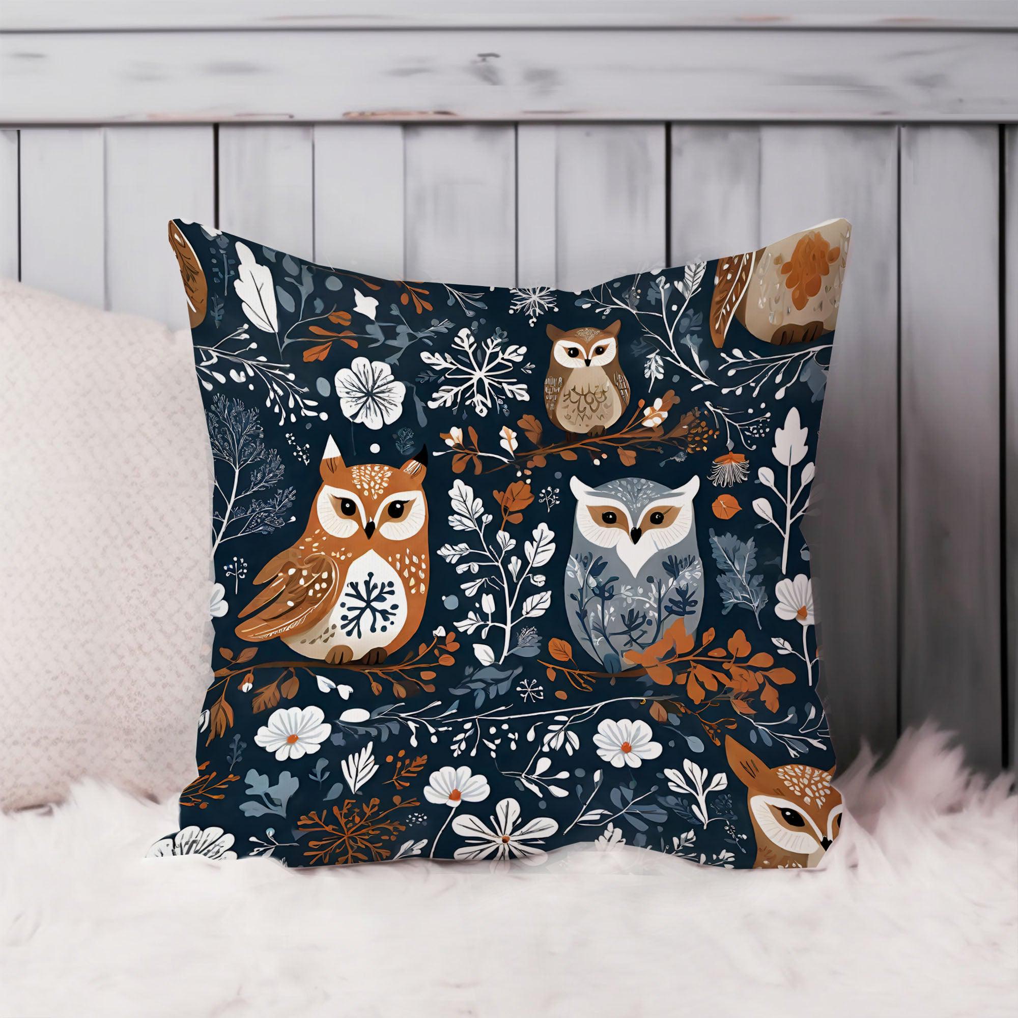 Owls Scandinavian Throw Pillow Soft Cushion Cover 'Owl Garden' Scandinavian Animals Square D