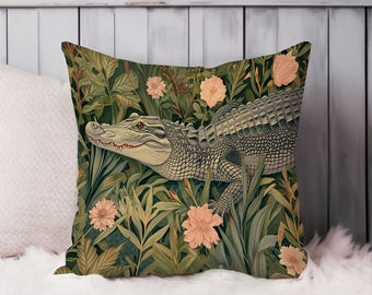 Alligator William Morris Throw Pillow Soft Cushion Cover Animals Cottage Square Decorative Accent Pillowcase Gift, Green, Pink