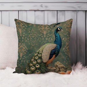Peacock William Morris Throw Pillow Soft Cushion Cover Animals Cottage Square Decorative Accent Pillowcase Gift Green Blue