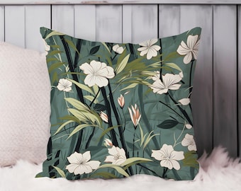 Floral Throw Pillow Soft Cushion Cover 'Zen Japanese Garden Flowers' Flowers Asian Square Decorative Accent Pillowcase Gift, Green, White