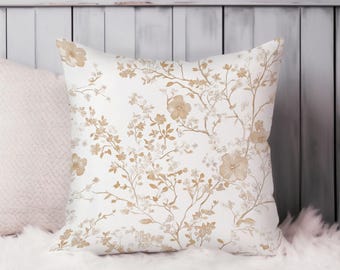 Floral Throw Pillow Soft Cushion Cover Flowers Modern Cottage Square Decorative Accent Pillowcase Gift, Beige, White