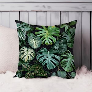 Monstera Leaves Botanical Throw Pillow Soft Cushion Cover Leaf Pattern Tropical Square Decorative Accent Pillowcase Gift, Green, Black