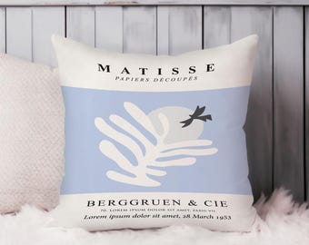 Abstract Throw Pillow Soft Cushion Cover 'Matisse Bird I Blue' Shapes Modern Square Decorative Accent Pillowcase Gift, Blue, White