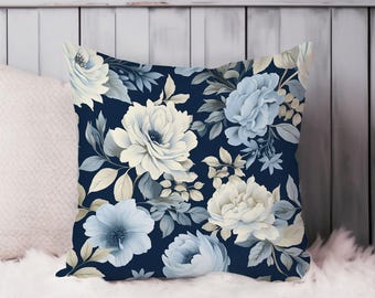 Floral Throw Pillow Soft Cushion Cover 'Luxe Floral Elegance I' Florals Cottage Square Decorative Accent Pillowcase Gift, Blue, White