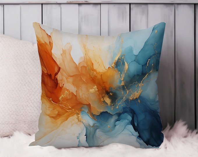 Abstract Throw Pillow Soft Cushion Cover 'Fluid Symphony' Modern Brush Strokes Square Decorative Accent Pillowcase Gift, Blue, Orange