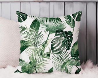 Monstera & Palm Leaves Botanical Throw Pillow Soft Cushion Cover Tropical Leaf Square Decorative Accent Pillowcase Gift, Green, White