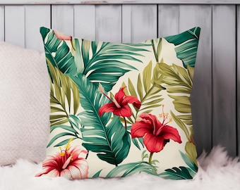 Tropical Floral Throw Pillow Soft Cushion Cover Hibiscus Flower Palm Leaves Hawaiian Square Decorative Accent Pillowcase Gift, Red, Green