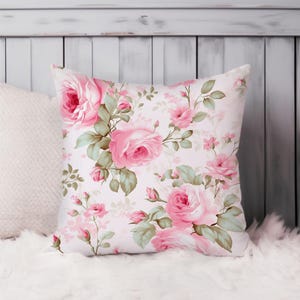 Shabby Chic Floral Throw Pillow Soft Cushion Cover &#39;Rose Flowers XVII&#39; Flowers Cottagecore Square Decorative Pillowcase Gift, Pink, Green