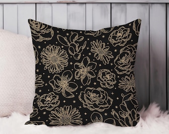 Floral Throw Pillow Soft Cushion Cover 'Flowers VII' Florals Modern Square Decorative Accent Pillowcase Gift, Black, Beige