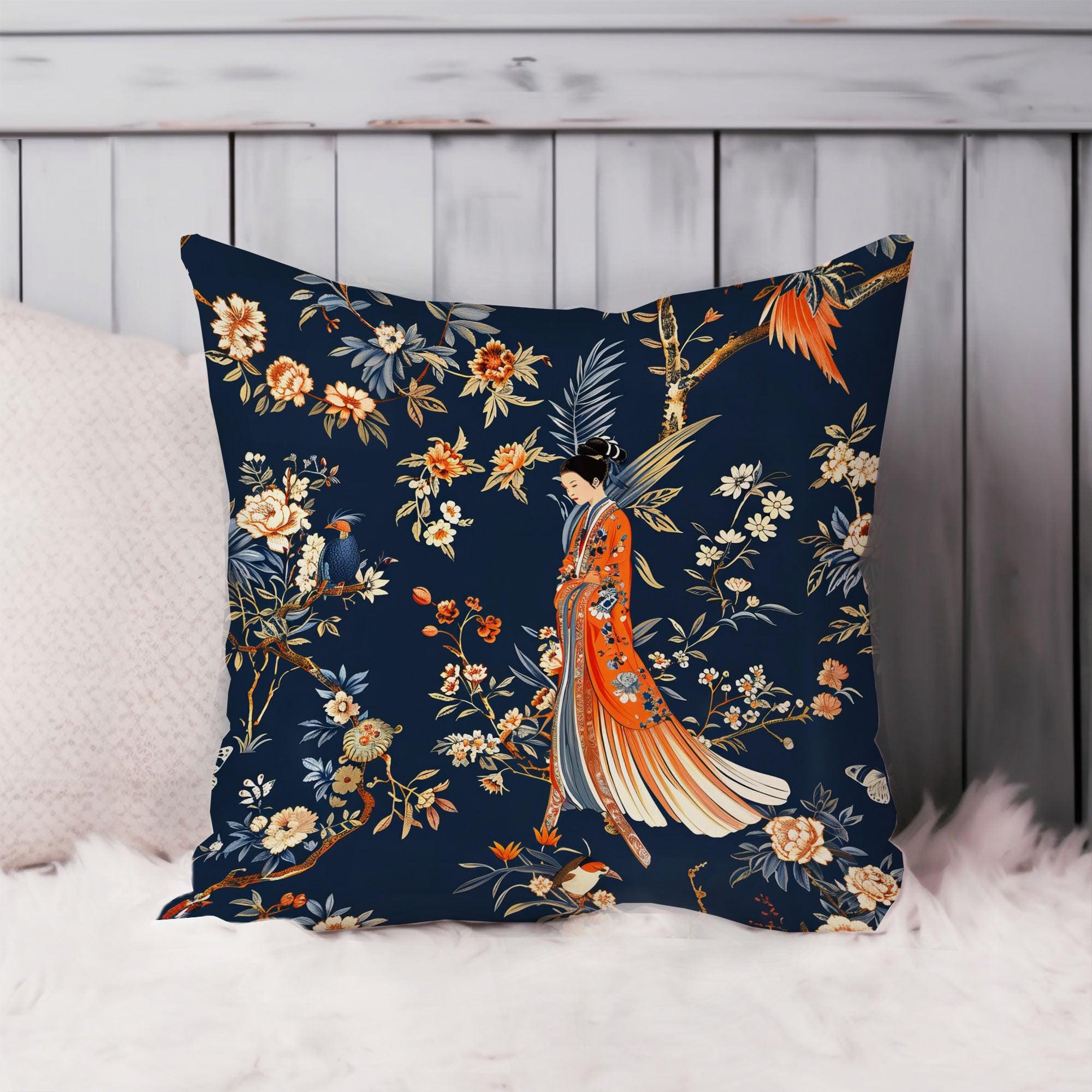 Japanese Throw Pillow Soft Cushion Cover 'Asian Kimono Pattern I' Asian Cultures Square Decorative Pillowcase Gift, Red, Blue