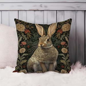 Rabbit William Morris Throw Animals Pillow Soft Cushion Cover Bunny Rabbits Cottage Square Decorative Accent Pillowcase Gift Green Beige