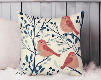 Birds Throw Pillow Soft Cushion Cover Botanical Branches Square Decorative Accent Pillowcase Gift, Blue, Red