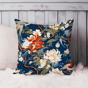 Chinoiserie Floral Throw Pillow Soft Cushion Cover Asian Style Pattern Square Decorative Accent Pillowcase Gift, Blue, Red