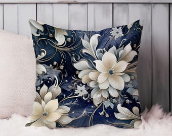 Floral Throw Pillow Soft Cushion Cover 'Floral Symphony II' Florals Classic Square Decorative Accent Pillowcase Gift, Blue, Beige