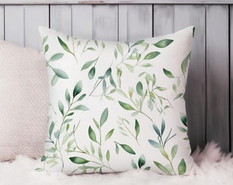 Eucalyptus Leaves Botanical Throw Pillow Soft Cushion Cover Leaves Pattern Leaf Cottage Square Decorative Accent Pillowcase Gift White Green